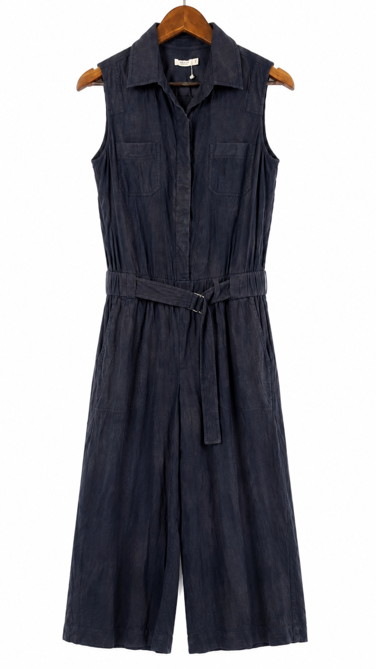 Vince Linen Collared Jumpsuit Size 0 Natural Distressed Nautical Coastal